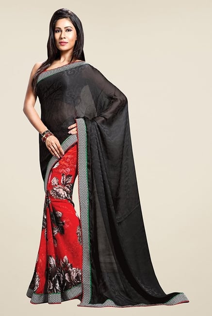 Triveni Red & Charcoal Printed Faux Georgette Satin Saree Triveni Red & Charcoal Printed Faux Georgette Satin Saree