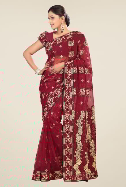 Triveni Maroon Embroidered Net Saree Triveni Maroon Embroidered Net Saree