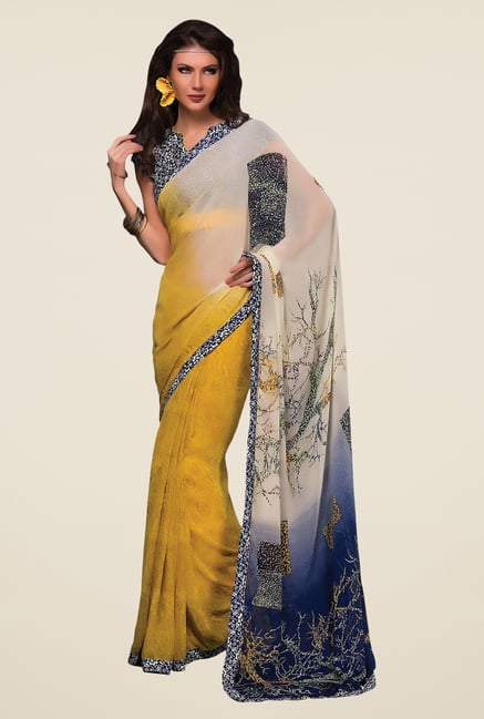 Triveni Yellow & Blue Printed Faux Georgette Saree Triveni Yellow & Blue Printed Faux Georgette Saree