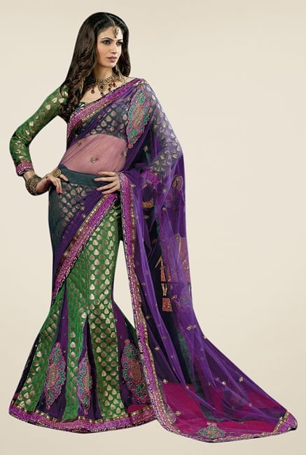 Triveni Green & Purple Embroidered Jacquard Lehenga Saree Triveni Green & Purple Embroidered Jacquard Lehenga Saree