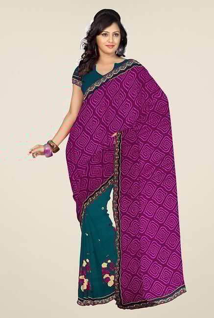 Triveni Teal & Purple Embroidered Faux Georgette Saree Triveni Teal & Purple Embroidered Faux Georgette Saree