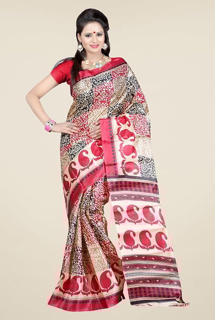 Triveni Beige & Red Printed Art Silk Saree Triveni Beige & Red Printed Art Silk Saree