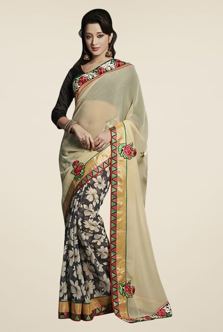 Triveni Black & Beige Floral Print Chiffon Saree Triveni Black & Beige Floral Print Chiffon Saree