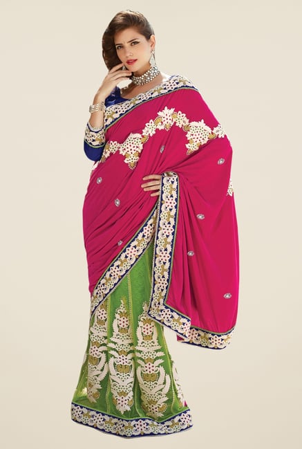 Triveni Magenta & Green Embroidered Lehenga Saree Triveni Magenta & Green Embroidered Lehenga Saree