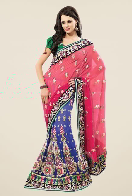 Triveni Pink & Blue Embroidered Faux Georgette Lehenga Saree Triveni Pink & Blue Embroidered Faux Georgette Lehenga Saree