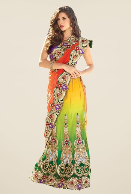 Triveni Multicolor Embroidered Faux Georgette Lehenga Saree Triveni Multicolor Embroidered Faux Georgette Lehenga Saree