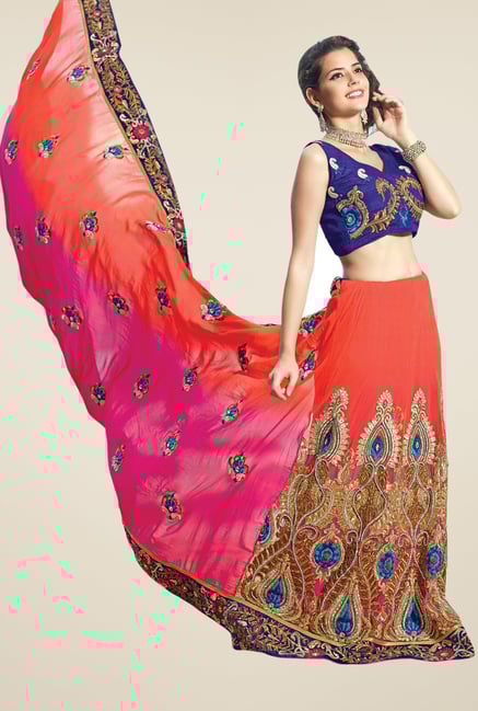 Triveni Orange & Pink Embroidered Lehenga Saree Triveni Orange & Pink Embroidered Lehenga Saree
