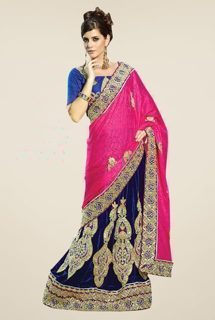 Triveni Magenta & Navy Embroidered Lehenga Saree Triveni Magenta & Navy Embroidered Lehenga Saree