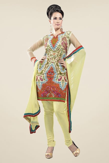 Triveni Yellow & Rust Embroidered Dress Material Triveni Yellow & Rust Embroidered Dress Material