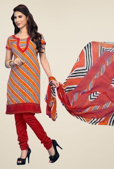 Triveni Orange & Maroon Striped Dress Material Triveni Orange & Maroon Striped Dress Material