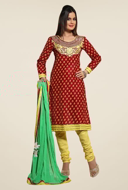 Triveni Maroon & Yellow Embroidered Dress Material Triveni Maroon & Yellow Embroidered Dress Material