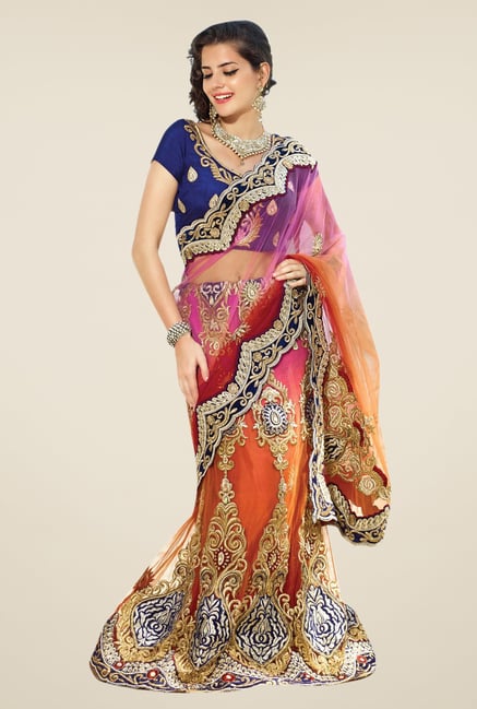 Triveni Orange & Blue Embroidered Net Lehenga Saree Triveni Orange & Blue Embroidered Net Lehenga Saree