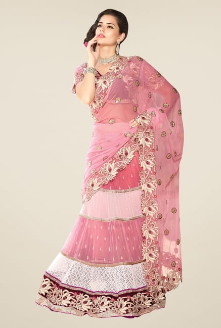 Triveni Pink Embroidered Net Lehenga Saree Triveni Pink Embroidered Net Lehenga Saree