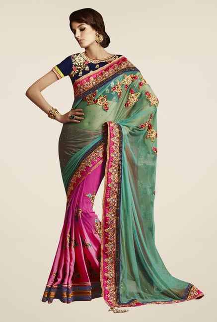 Triveni Magenta & Green Embroidered Net Saree Triveni Magenta & Green Embroidered Net Saree