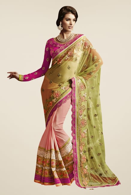 Triveni Peach & Green Embroidered Net Saree Triveni Peach & Green Embroidered Net Saree