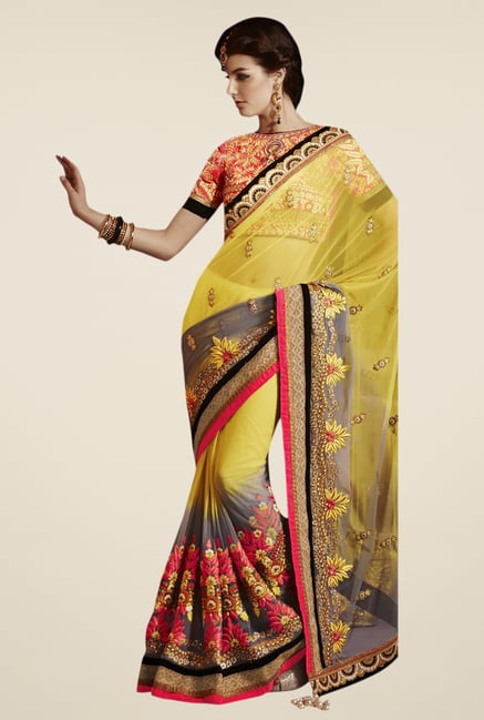 Triveni Yellow & Grey Embroidered Net Saree Triveni Yellow & Grey Embroidered Net Saree