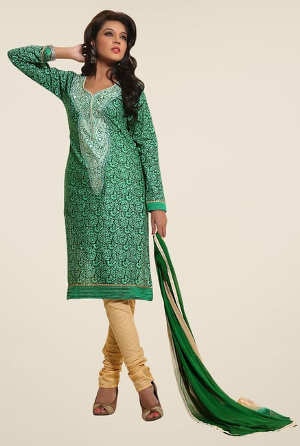 Triveni Green & Beige Printed Dress Material Triveni Green & Beige Printed Dress Material