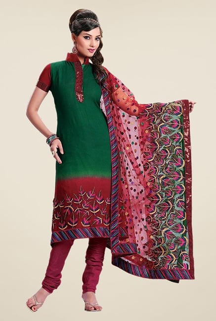 Triveni Green & Maroon Embroidered Dress Material Triveni Green & Maroon Embroidered Dress Material