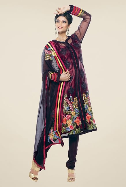 Triveni Maroon Embroidered Dress Material Triveni Maroon Embroidered Dress Material