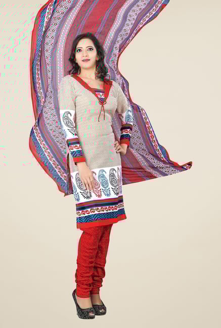 Triveni Beige & Red Printed Dress Material Triveni Beige & Red Printed Dress Material