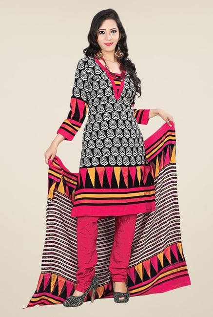 Triveni Black & Pink Printed Dress Material Triveni Black & Pink Printed Dress Material