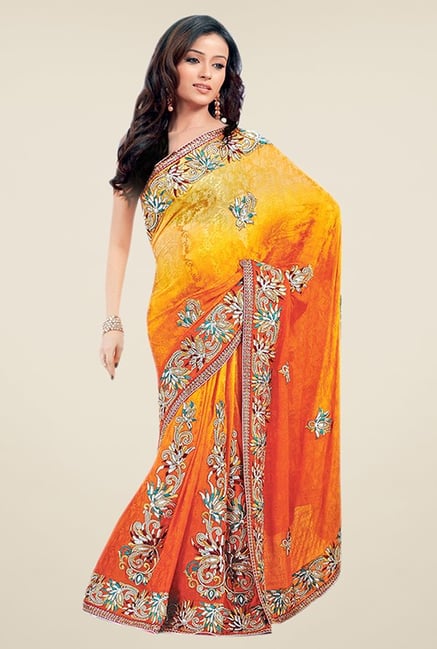 Triveni Orange Embroidered Jacquard Saree Triveni Orange Embroidered Jacquard Saree