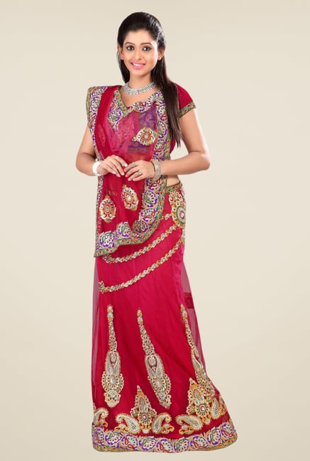 Triveni Red Embroidered Net Lehenga Saree Triveni Red Embroidered Net Lehenga Saree