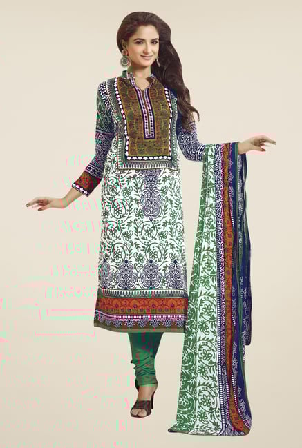 Triveni Off-white & Green Printed Dress Material Triveni Off-white & Green Printed Dress Material