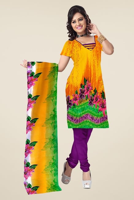Triveni Orange & Purple Floral Print Dress Material Triveni Orange & Purple Floral Print Dress Material