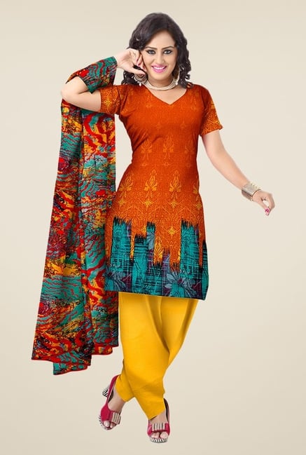Triveni Orange & Yellow Printed Dress Material Triveni Orange & Yellow Printed Dress Material
