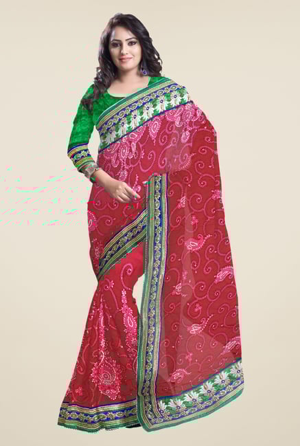 Triveni Red Embroidered Net Saree Triveni Red Embroidered Net Saree