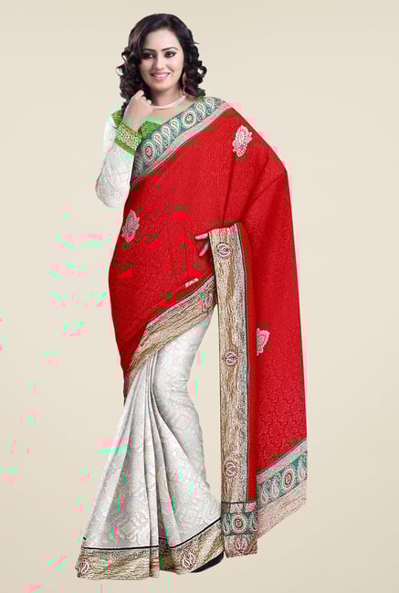 Triveni Red & Off White Embroidered Art Silk Jacquard Saree Triveni Red & Off White Embroidered Art Silk Jacquard Saree