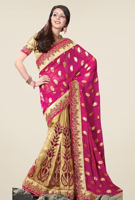 Triveni Gold & Magenta Embroidered Faux Georgette Saree Triveni Gold & Magenta Embroidered Faux Georgette Saree