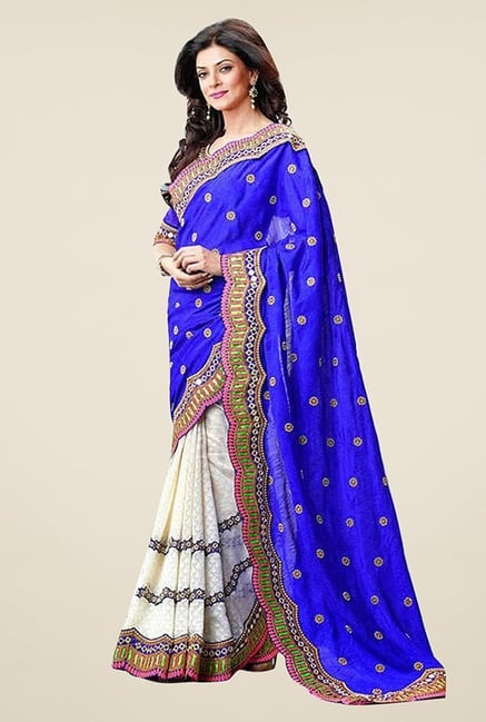 Triveni White & Blue Embroidered Faux Georgette Saree Triveni White & Blue Embroidered Faux Georgette Saree
