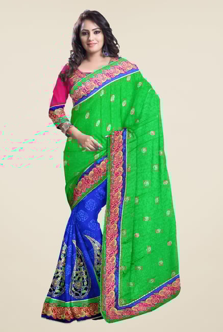 Triveni Blue & Green Embroidered Faux Georgette Saree Triveni Blue & Green Embroidered Faux Georgette Saree