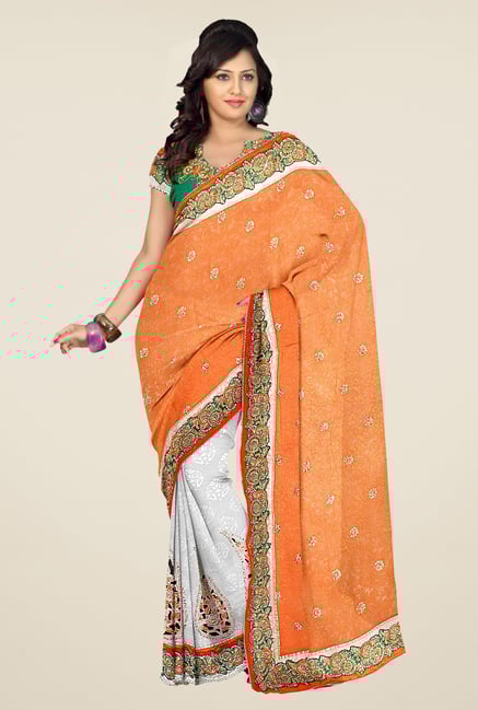 Triveni Orange & Grey Embroidered Viscose Saree Triveni Orange & Grey Embroidered Viscose Saree