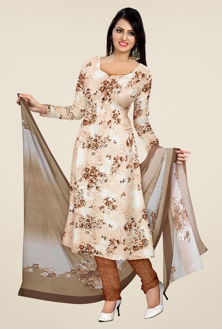 Triveni Beige & Brown Floral Print Dress Material Triveni Beige & Brown Floral Print Dress Material