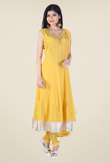Triveni Yellow Embroidered Dress Material Triveni Yellow Embroidered Dress Material