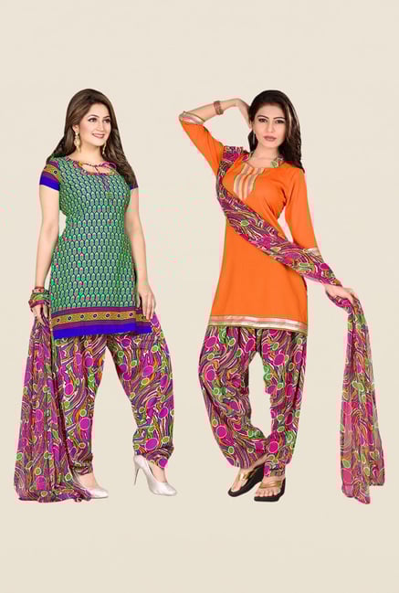 Triveni Pink, Green & Orange Printed Dual Top Dress Material Triveni Pink, Green & Orange Printed Dual Top Dress Material