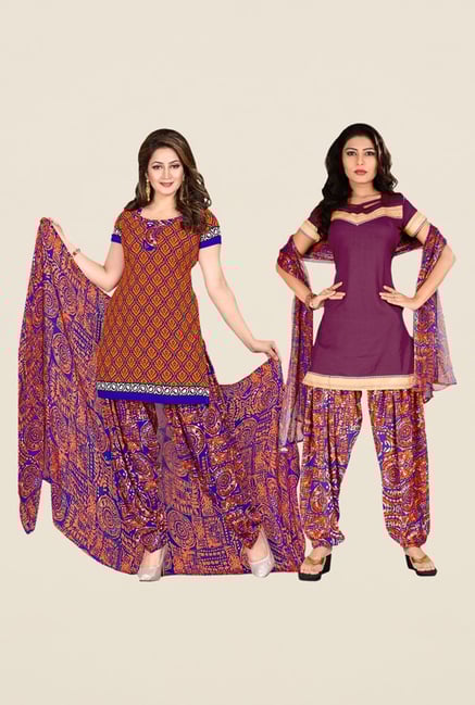 Triveni Rust & Purple Printed Dual Top Dress Material Triveni Rust & Purple Printed Dual Top Dress Material