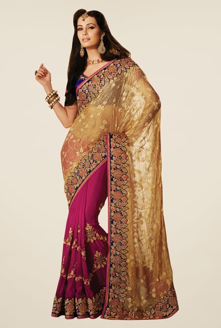 Triveni Magenta & Gold Embroidered Faux Georgette Saree Triveni Magenta & Gold Embroidered Faux Georgette Saree