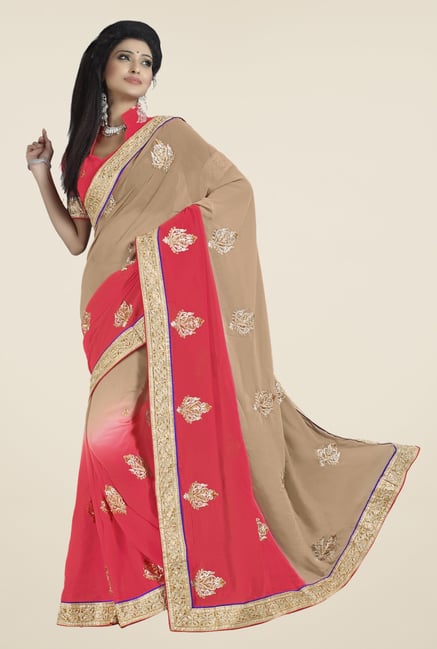 Triveni Pink & Beige Embroidered Chiffon Saree Triveni Pink & Beige Embroidered Chiffon Saree