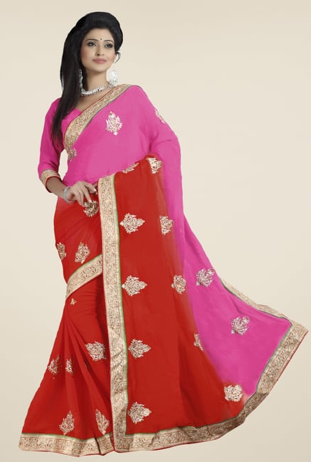 Triveni Red & Pink Embroidered Chiffon Saree Triveni Red & Pink Embroidered Chiffon Saree