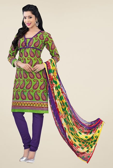 Triveni Green & Purple Paisley Print Dress Material Triveni Green & Purple Paisley Print Dress Material