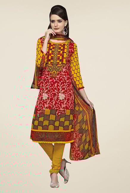 Triveni Red & Mustard Printed Dress Material Triveni Red & Mustard Printed Dress Material