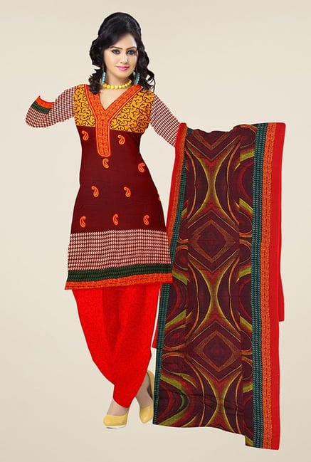 Triveni Maroon & Red Printed Dress Material Triveni Maroon & Red Printed Dress Material