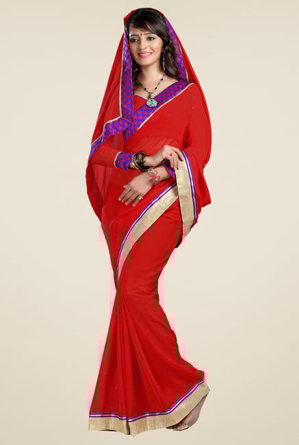 Triveni Red Solid Chiffon Saree Triveni Red Solid Chiffon Saree