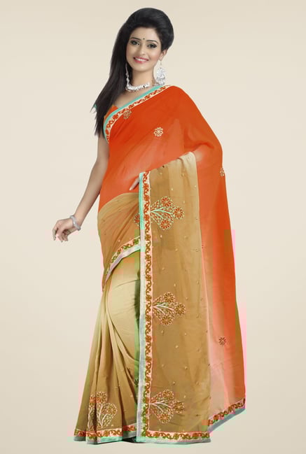 Triveni Beige & Orange Embroidered Faux Georgette Saree Triveni Beige & Orange Embroidered Faux Georgette Saree