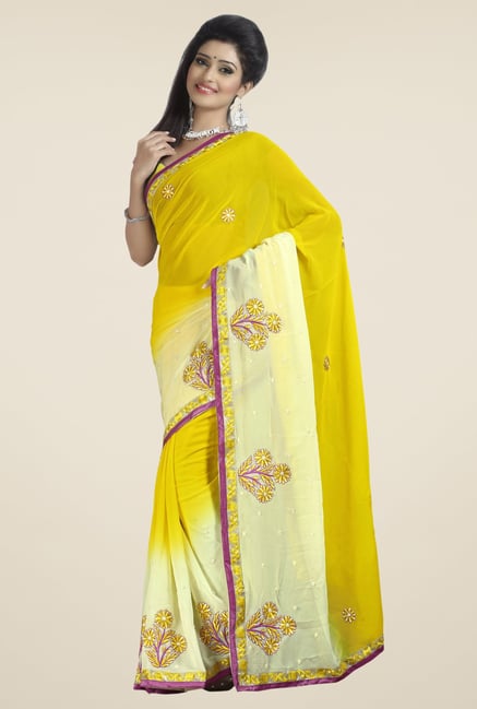 Triveni Yellow & Beige Embroidered Faux Georgette Saree Triveni Yellow & Beige Embroidered Faux Georgette Saree