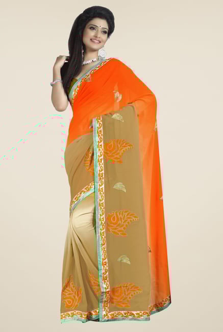 Triveni Beige & Orange Embroidered Faux Georgette Saree Triveni Beige & Orange Embroidered Faux Georgette Saree